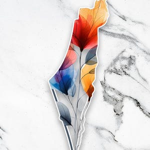 May include: An outline of the country of Israel filled with colorful, translucent flowers in shades of red, orange, blue, and purple.
