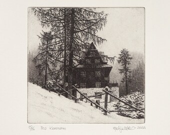 Mountain hut in misty forest landscape, original etching.