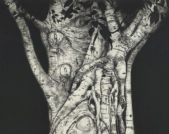 Two Trees - Large, detailed botanical etching of two entwined trees. Contemporary hand pulled print by artist.