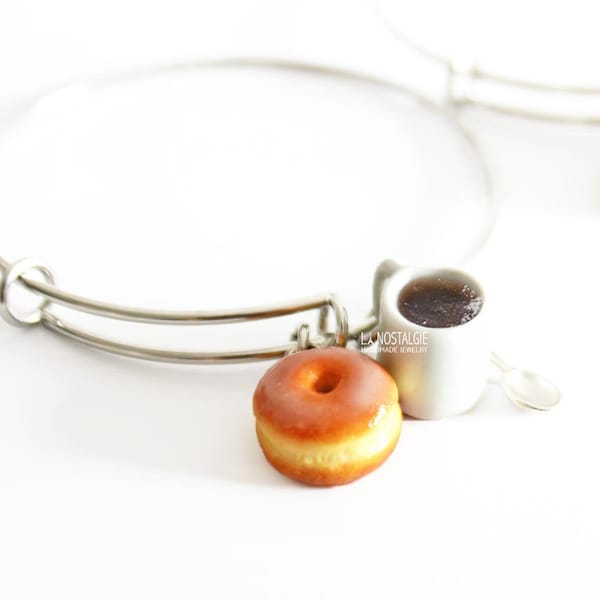 Bijoux Donut,Bracelet Breloques Donut,Breloque Tasse de café,Bracelet Jonc Réglable,Bijoux Minimaliste,