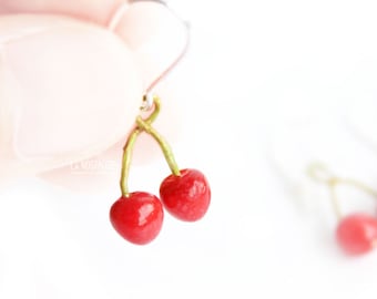 Cherry Tiny Red Cherries Small Fruit Dangle Earrings Jewelry Dainty Flirty Romantic