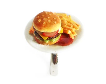 1PC Burger Ring Statement Stackable Rings Summer Fries Fast Food Retro Ring Bbq Gift For Wife Birthday Best Friend