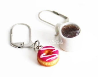 Donut Coffee Clip-On Silver Dangle Earring Food Xmas Best Friend Gifts
