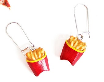 French Fry Fries Earrings Pop Art Red Silver Dangle Potato Food Unique Jewelry Gift