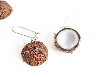 Summer Beach Jewelry Coconut Clip-on Dangle Earrings Fruit Tropical Fun