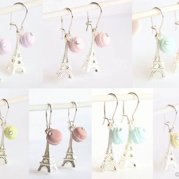 Paris Tiny Rhinestone Dangle Earrings French Macarons Pastel Jewelry Macaroon Rainbow Miniature Food Jewellery Eiffel Tower Bridesmaid Gift