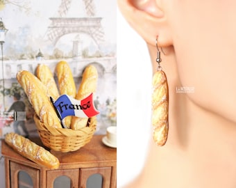 Baguette Dangle Silver Earrings French Bread miniature food jewelry paris french Long Earrings