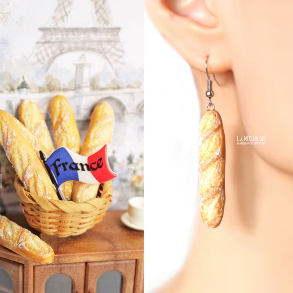 Boucles d'oreilles grappe pendantes en argent Baguette Pain Bijoux Pâte polymère Gourmands miniature