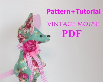 PDF Pattern+Tutorial Vintage MOUSE is 22 cm/8.6in. DIY cotton toy