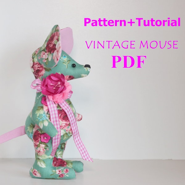 PDF Pattern+Tutorial Vintage MOUSE is 22 cm/8.6in. DIY cotton toy