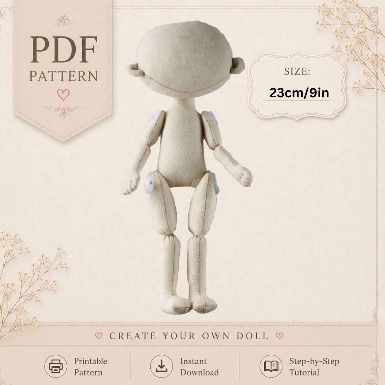 Cloth Doll Sewing Pattern PDF 9 in Textile Doll Tutorial Instant Download