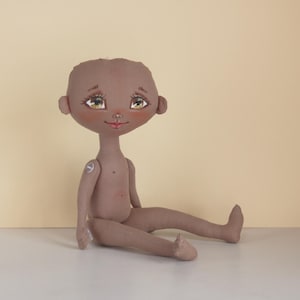 May include: A brown fabric doll with a large head and painted facial features, including detailed eyes with long lashes, rosy cheeks, and a small smile. The doll has a smooth, soft-textured body with articulated limbs and a small button joint at the shoulder.