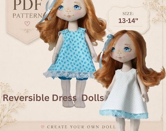 May include: A PDF pattern for reversible dress dolls, featuring two dolls with long ginger hair and blue eyes. One doll wears a blue floral dress with lace trim, the other a white dotted dress with blue trim. Text includes PDF PATTERN, SIZE: 13-14", and Reversible Dress Dolls.