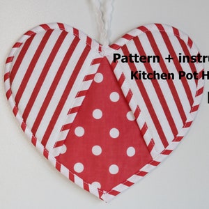 May include: Red and white striped heart-shaped kitchen pot holders with a red and white polka dot center. Pattern + instructions Kitchen Pot Holders PDF.