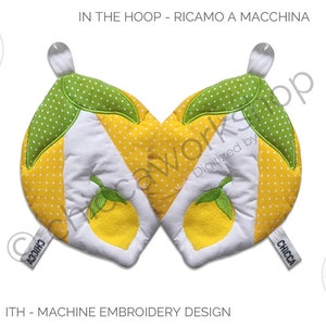 May include: A pair of lemon-shaped pot holders with green leaves and yellow polka dots. The pot holders are designed for in-the-hoop machine embroidery. The design is available in multiple sizes, including 6x10 inches, 8x8 inches, and 8x12 inches. The image also includes a list of embroidery file formats, including PES, DST, VP3, JEF, XXX, HUS, and EXP.