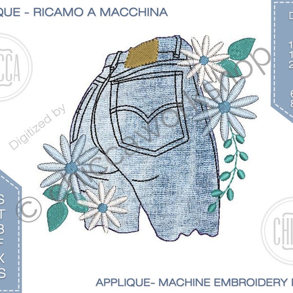 Denim Flowers  - Machine embroidery applique  raw edge