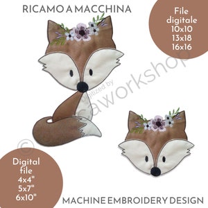 Könnte beinhalten: Maschinenstickerei-Design eines braunen Fuchses mit einer Blumenkrone. Das Design ist in verschiedenen Größen erhältlich, darunter 4x4 Zoll, 5x7 Zoll, 6x10 Zoll, 10x10 Zoll, 13x18 Zoll und 16x16 Zoll.