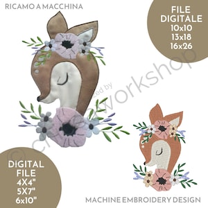 Könnte beinhalten: Maschinenstickerei-Design eines braunen Rehs mit einer Blumenkrone und rosa Blumen. Das Design ist in verschiedenen Größen erhältlich: 4x4 Zoll, 5x7 Zoll, 6x10 Zoll, 10x10, 13x18 und 16x26.