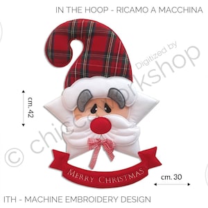 May include: A Christmas-themed machine embroidery design featuring a Santa Claus face with a red and black plaid hat, a white beard, and a red nose. The design is approximately 12 inches wide and 16.5 inches tall, with the text "MERRY CHRISTMAS" on a red banner.