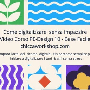 Può includere: Un grafico rettangolare con sfondo color crema e motivi geometrici colorati negli angoli. Il testo recita: Come digitalizzare senza impazzire, Video Corso PE-Design 10 - Base Facile, chiccaworkshop.com, Impara l'arte del ricamo digitale.