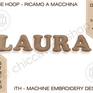 May include: Machine embroidery design for the name "LAURA" in brown, with a 10x10 hoop size (4x4 inches). The design is available in PES, DST, VP3, JEF, XXX, and HUS formats.