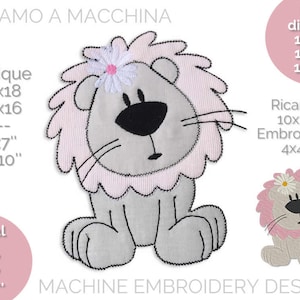 Può includere: Design di ricamo a macchina di un leone grigio con criniera rosa e un fiore bianco. Il design è disponibile in diverse dimensioni, tra cui 4x4 pollici, 5x7 pollici, 6x10 pollici, 10x10, 13x18, 16x16 e 16x26.