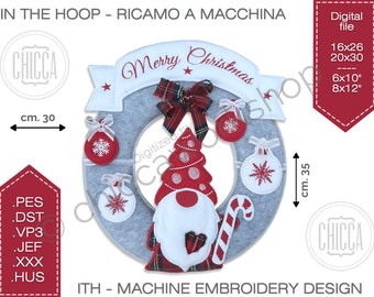 May include: A Christmas wreath embroidery design, featuring a gnome, Christmas tree, and ornaments. The wreath is gray, with red and white accents. The design measures 11.8 inches in diameter and 13.8 inches high. The text "Merry Christmas" is displayed on a banner.