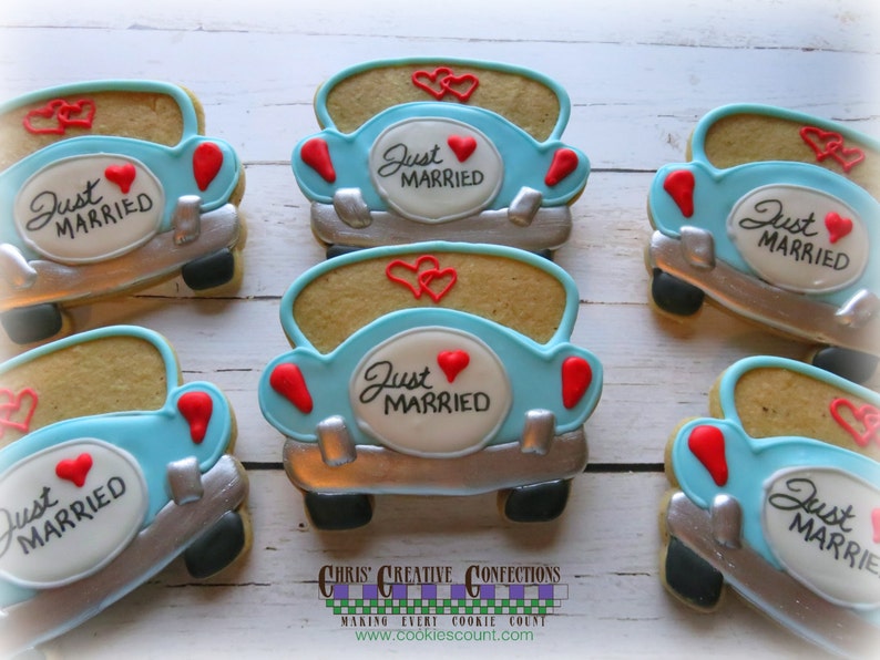 Just Married car shaped cookies Wedding or Bridal shower