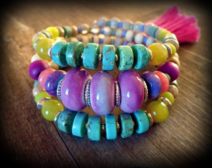 Turquoise / Purple Hippie Bracelet, Layered Bangle Bracelet, Chunky
