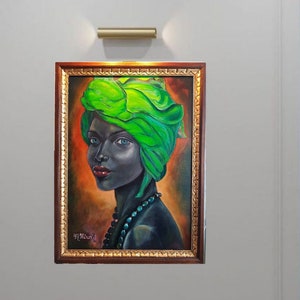 Dark girl Oil Painting. A dark girl in a green turban. Portrait women Realism Modern, Abstract. Texture Modern Contemporary. Wall Art.