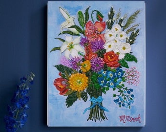 Bouquet Flowers Acrylic Painting Texture Relief Painting Bouquet on canvas. Original painting.