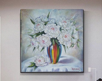 White peonies in the  vase. Bouquet Flowers. Impasto oilpainting.