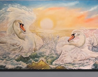 Swans -Oilpainting. Impasto on canvas. Impressionism. Large Wall Art Deco. Original, authors work.