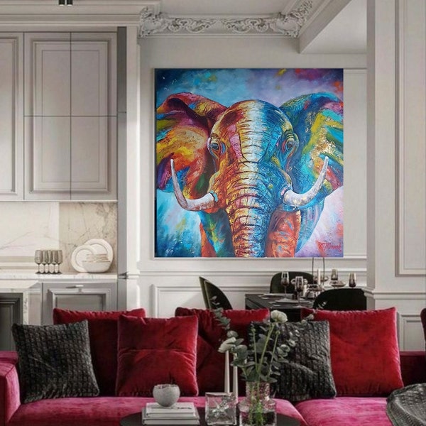 Peinture à l'huile d'éléphant. Éléphant arc-en-ciel - peinture sur toile Art Deko, peinture structurelle moderne, grand mur Pop Art