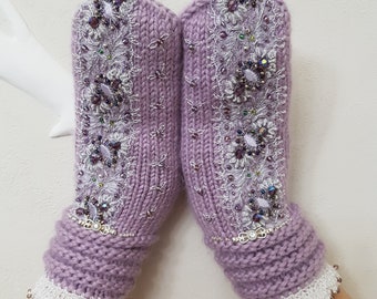 Gloves with embroidery Lilac tenderness Hand Knitted Gloves Couture Winter Accessories Elegant Gloves Handmade Gloves&Mittens Fashion