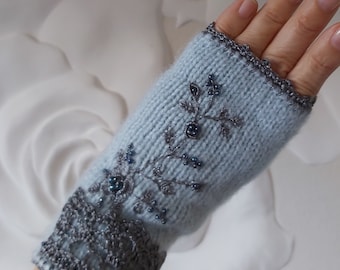 Light blue Mitts with embroidery.  Elegant Special mitts hand knitted.