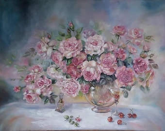 Bouquet of pink roses in a vase. Impasto oil painting. Original abstract bouquet of pink roses. Large Wall Art painting. painting Flowers