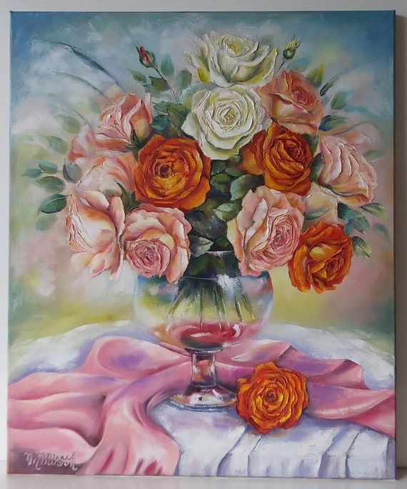 Oil Painting On Canvas Bouquet Roses Palette Knife Art Etsy Oil Painting On Canvas Bouquet Roses Palette Knife Art Etsy