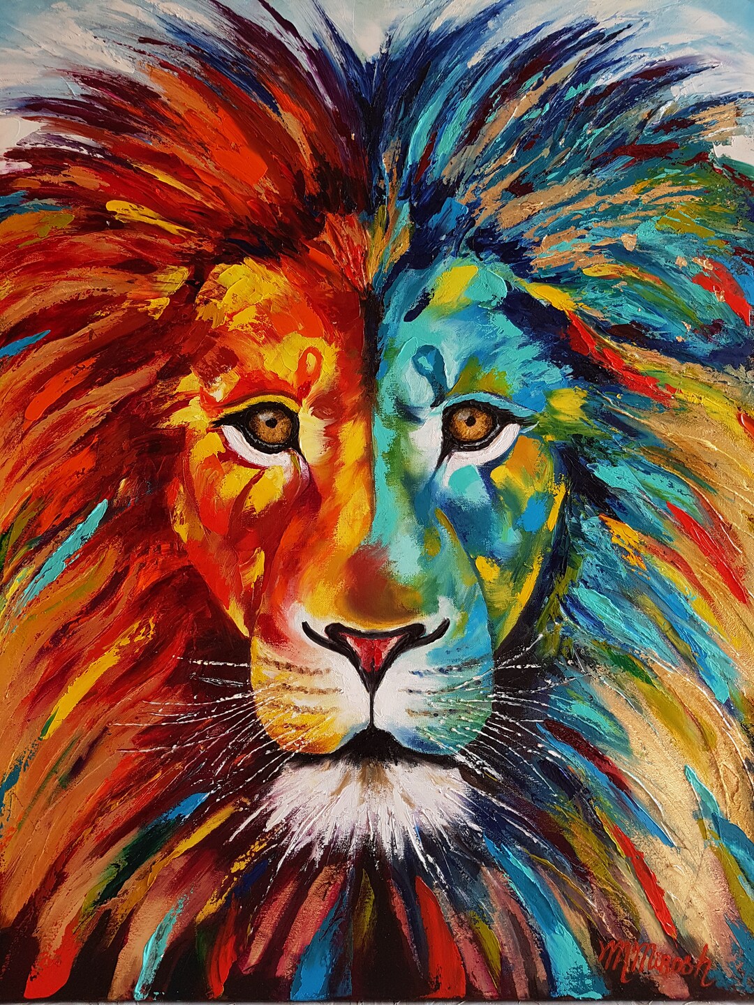 Lion Oil Painting. Rainbow Lion Palette Knife on Canvas Pop Art Animals Made to Order Etsy