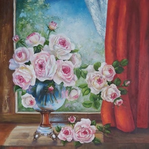 Bouquet de roses dans le vase.  Peinture à l'huile sur toile 3D.  Empâtement, abstrait, impressionnisme.