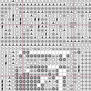 May include: Black and white pixel art design featuring various symbols, including stars, triangles, squares, circles, and the "@" symbol. The design is arranged in a grid pattern.