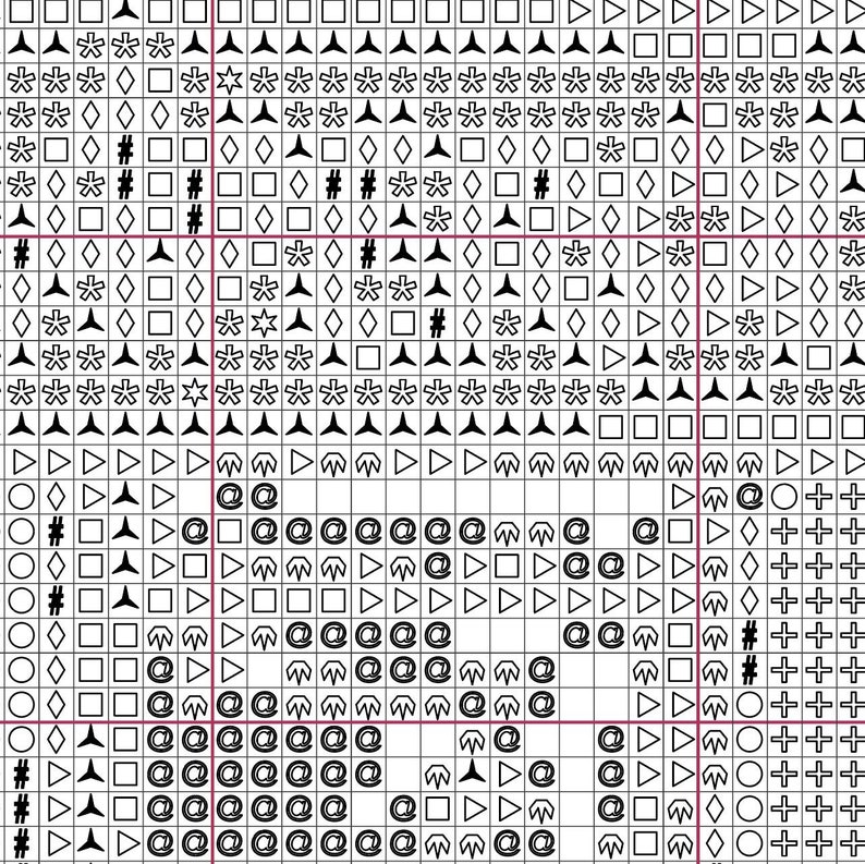 May include: Black and white pixel art design featuring various symbols, including stars, triangles, squares, circles, and the "@" symbol. The design is arranged in a grid pattern.