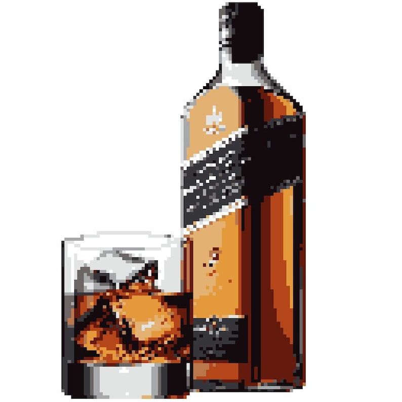 May include: A glass of whiskey with ice cubes and a bottle of whiskey with a black label. The bottle has a gold top and a brown liquid inside.