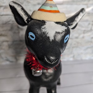 Black Baby Goat winter/Christmas decorative figure. Hand sculpted/painted decorative figure. OOAK