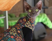 Cat Clothes Dia De Los Muertos Clothing for Sphynx Cats. Soft jersey fabric w choice of style and sleeves. Supermodel Bella, Meowloween