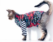 Pet Clothes, The GOTHIC KITTY in Red Sugar Skulls. Sphynx Cat Clothes, Pet Gift, Dia De Los Muertos, Pet Costume. Fleece Tank Body