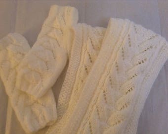 Cowl/Gloves set Knitted in Soft Light White yarn,Lace Pattern/ 1 size fits all