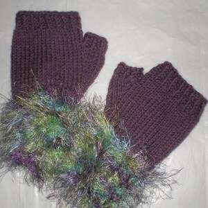 Knitted, Soft Fingerless Women gloves, 1 size fits all, Purple with colorful frizzy yarn