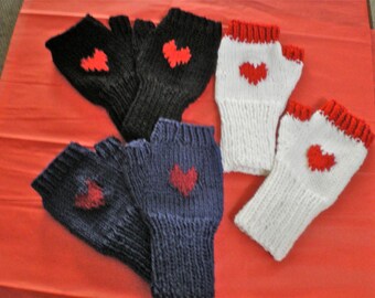 Knitted, Soft  Fingerless Woman gloves, with RED HEART, Valentine/Birthday Gift ,1 size fits all,  3 colors