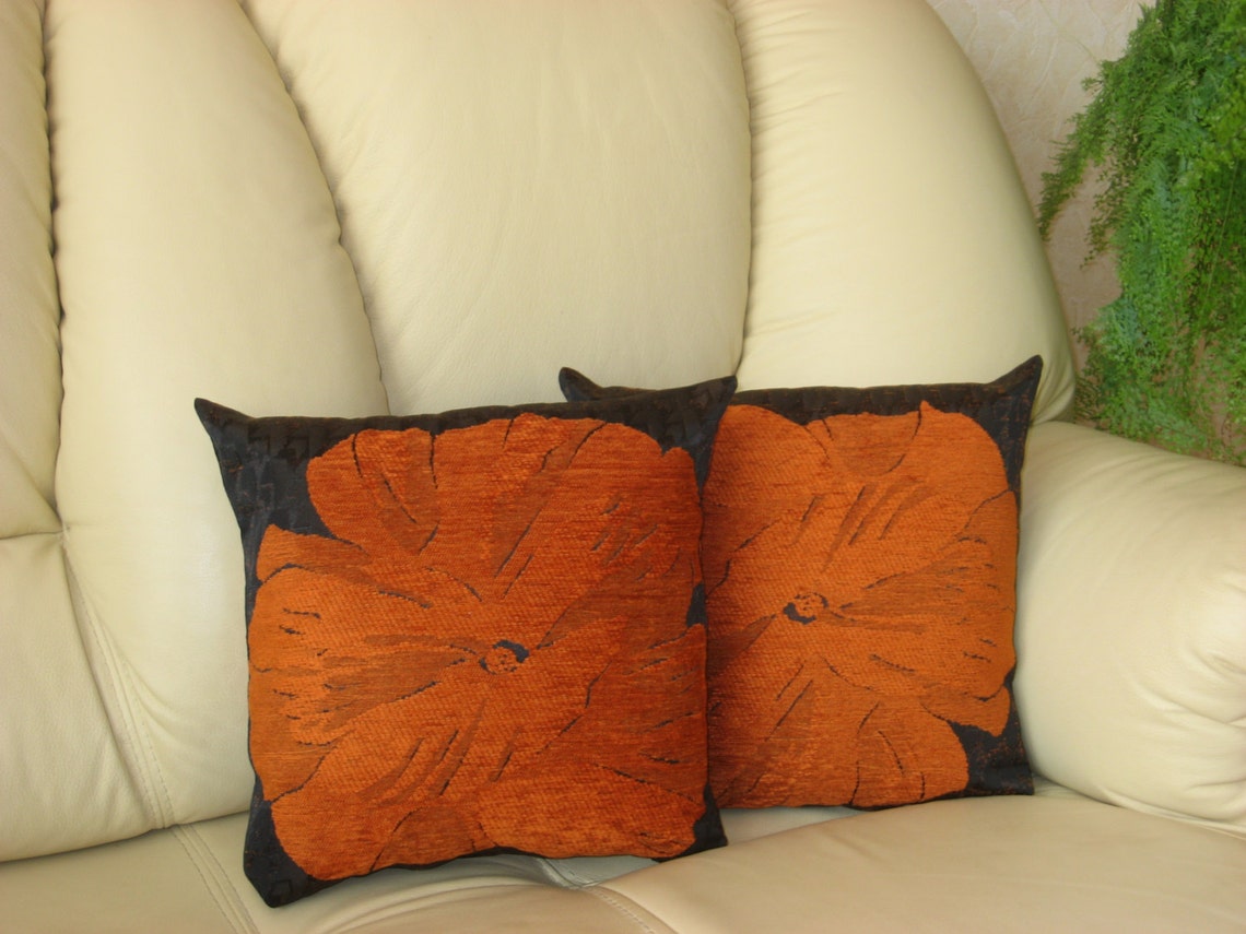 Orange Flower/black Pillow/handmade/throw Etsy